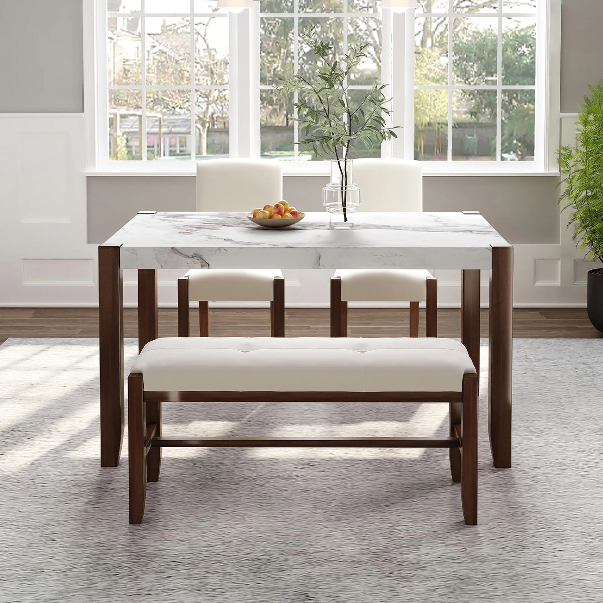 4-Piece Faux Marble Dining Furniture Set with 2 Upholstered Chairs & Bench T960207