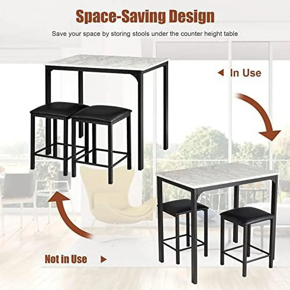 Black 3 Pieces Dining Table Set with Faux Marble Tabletop and PU Leather Stools W9848