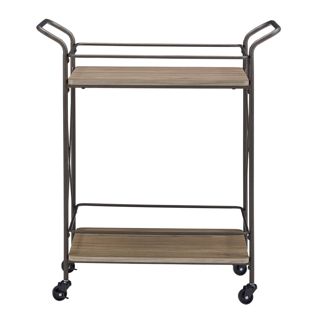 Bronze Finish Metal X-Frame Bar Cart with Walnut Wood Shelf J599