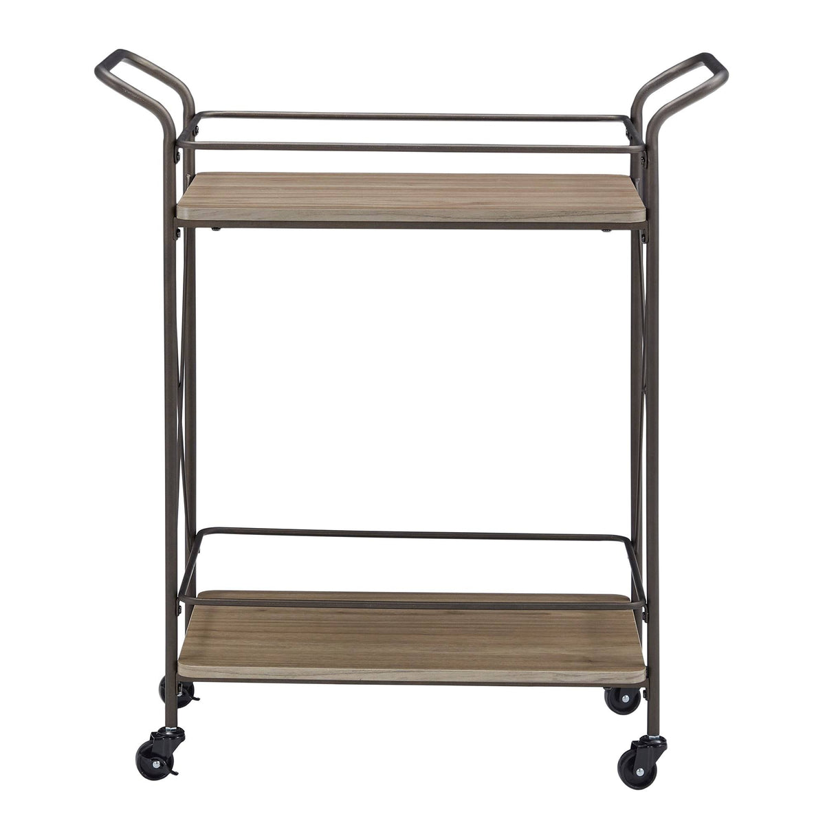 Bronze Finish Metal X-Frame Bar Cart with Walnut Wood Shelf J599