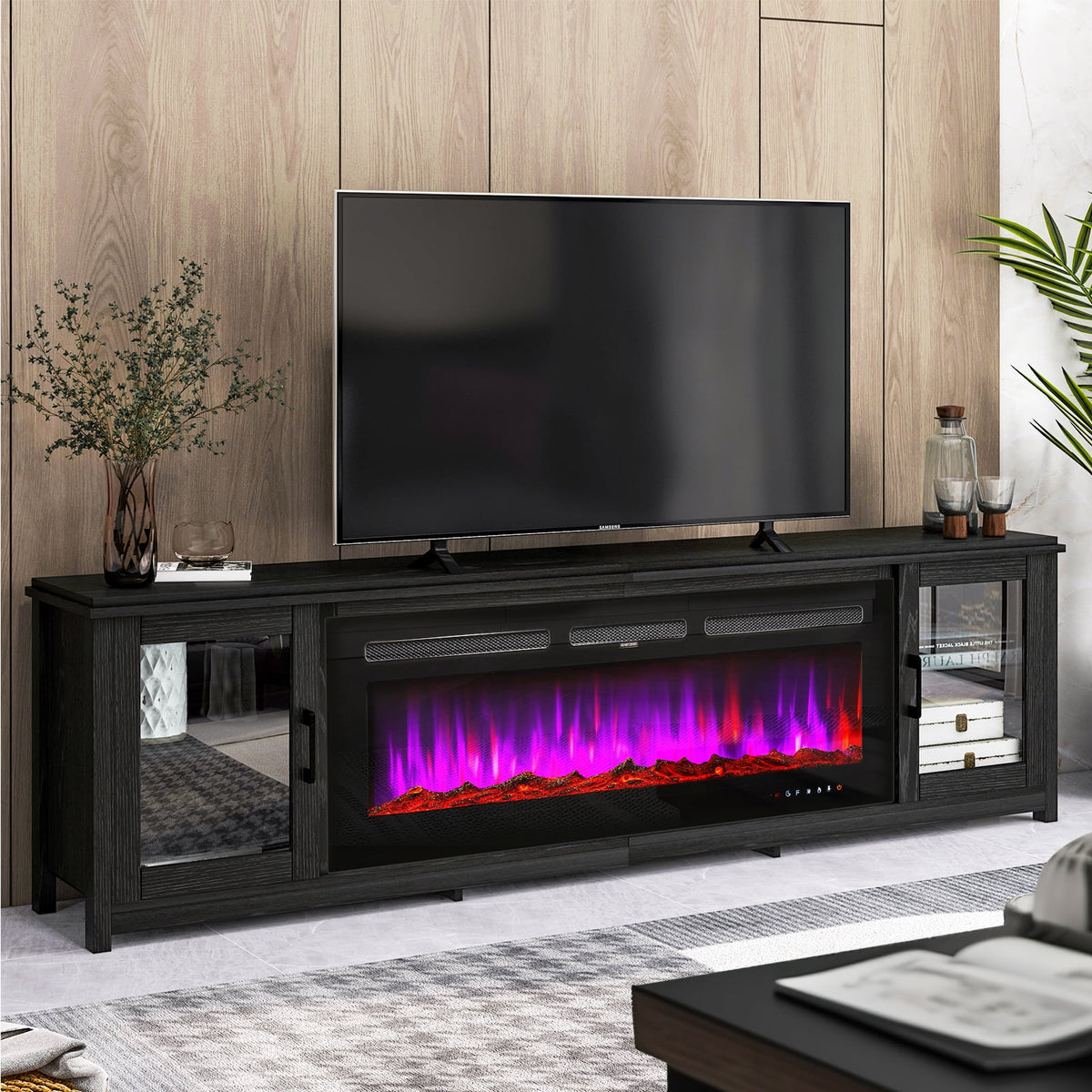Black Fireplace TV Stand with Glass Doors M504