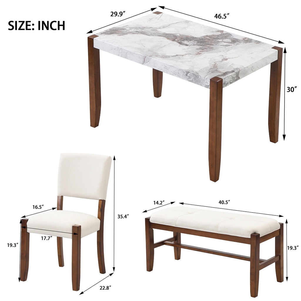 4-Piece Faux Marble Dining Furniture Set with 2 Upholstered Chairs & Bench T960207