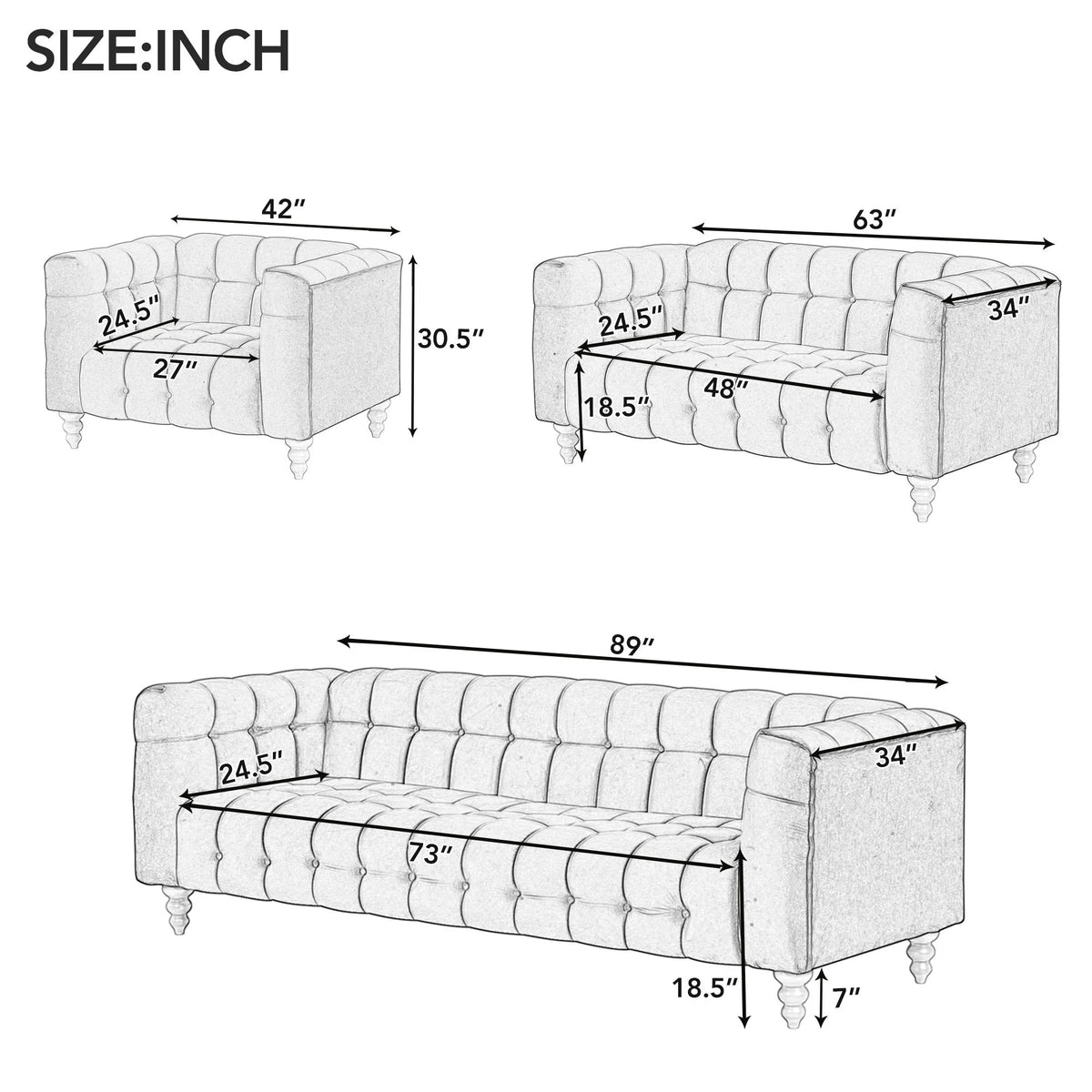 Blue Buttoned Tufted Sofa with Solid Wood Legs K3571