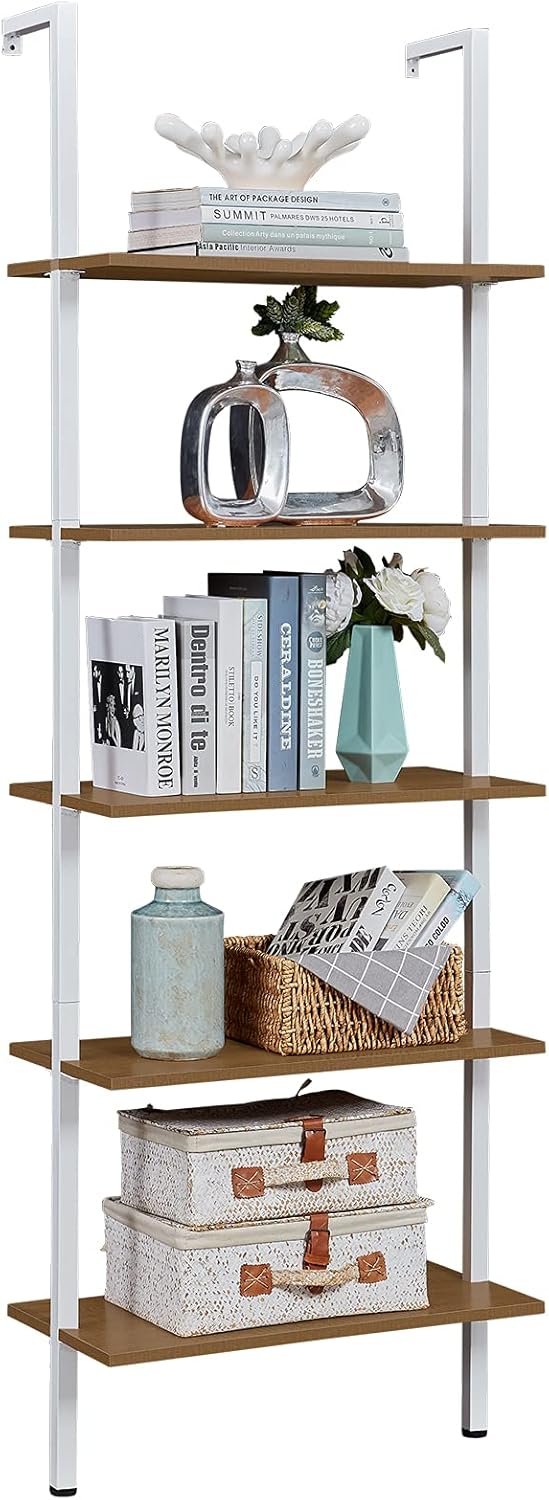 5-Tier White Gold Metal Wall-Mounted Bookshelf N694