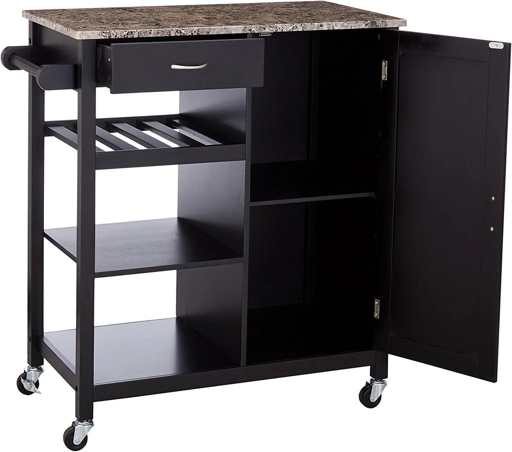 Black Wood & Marble Finish Kitchen Storage Cabinet Cart Z944198