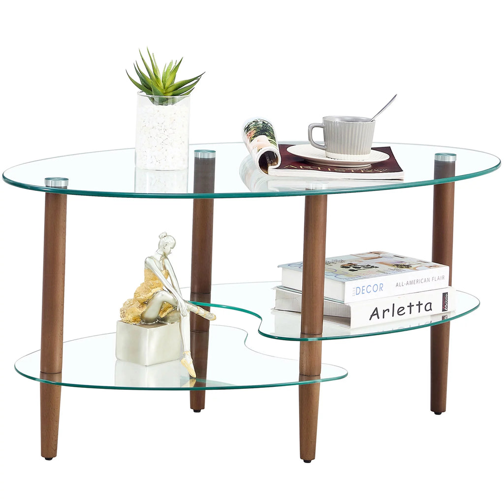 Oval Glass Coffee Table with Storage I1161