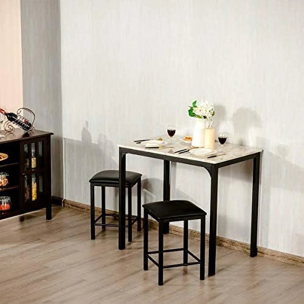 Black 3 Pieces Dining Table Set with Faux Marble Tabletop and PU Leather Stools W9848