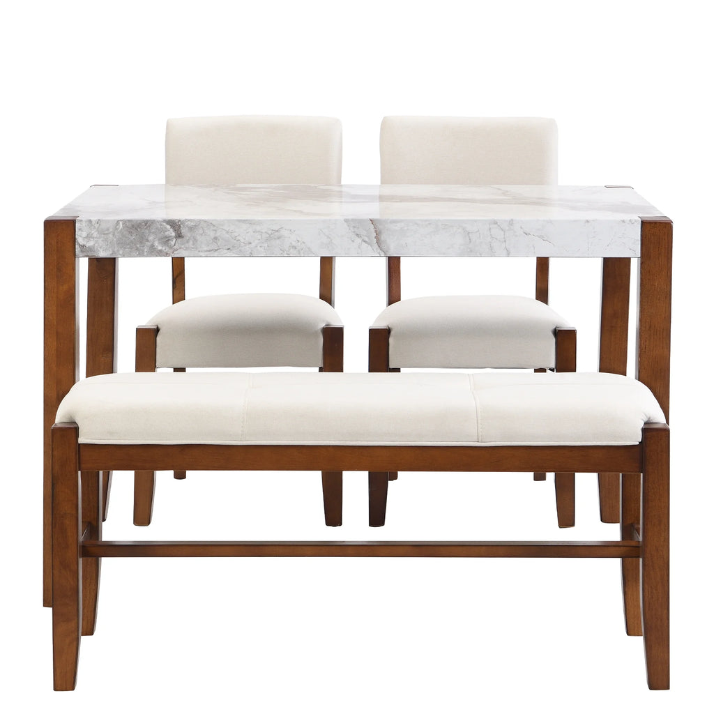 4-Piece Faux Marble Dining Furniture Set with 2 Upholstered Chairs & Bench T960207