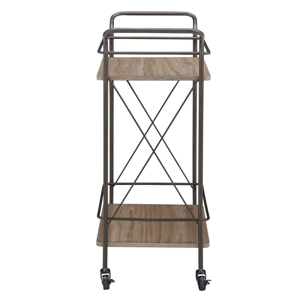 Bronze Finish Metal X-Frame Bar Cart with Walnut Wood Shelf J599