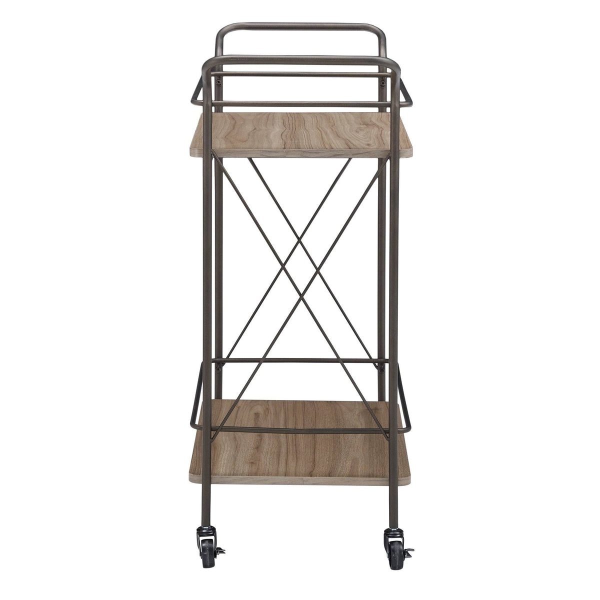 Bronze Finish Metal X-Frame Bar Cart with Walnut Wood Shelf J599