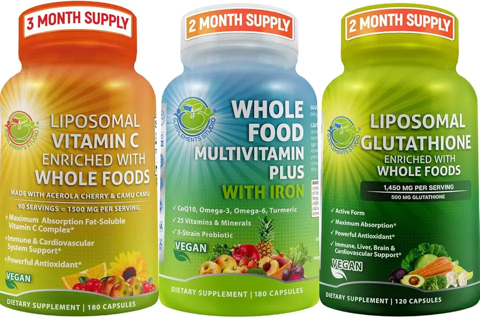 Vegan Whole Food Daily Multivitamin with Iron, Liposomal Vitamin C Capsules & Liposomal Glutathione Capsules Q9673