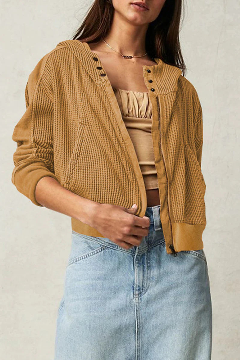 Solid Zipper Hooded Collar Outerwear V379962