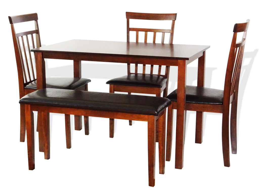 5 Pcs Rectangular Table 3 Wooden Chairs Bench Medium Brown C23127