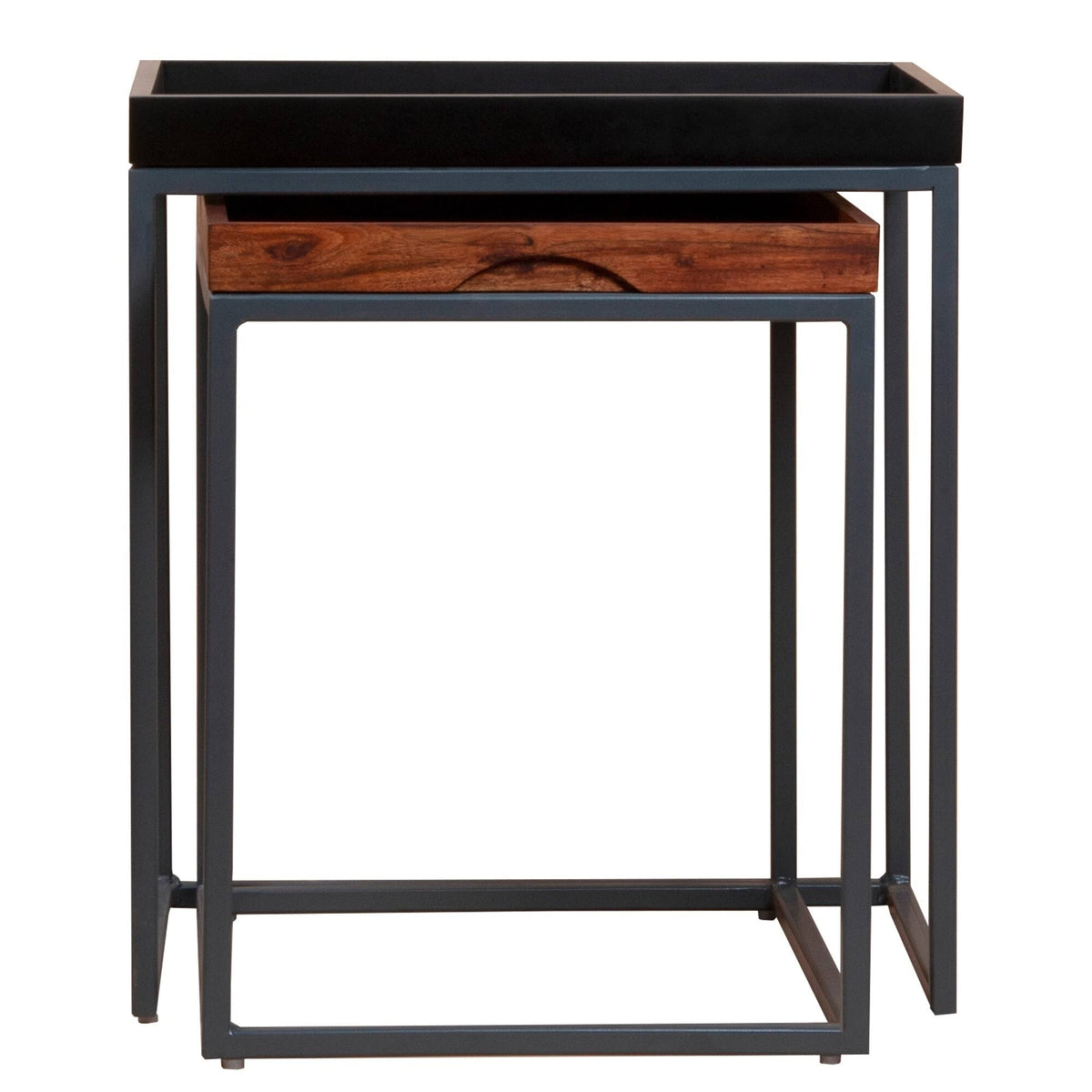 2 Piece Wooden Tray Top Nesting Table Set with Metal Frame, Brown and Black H636937