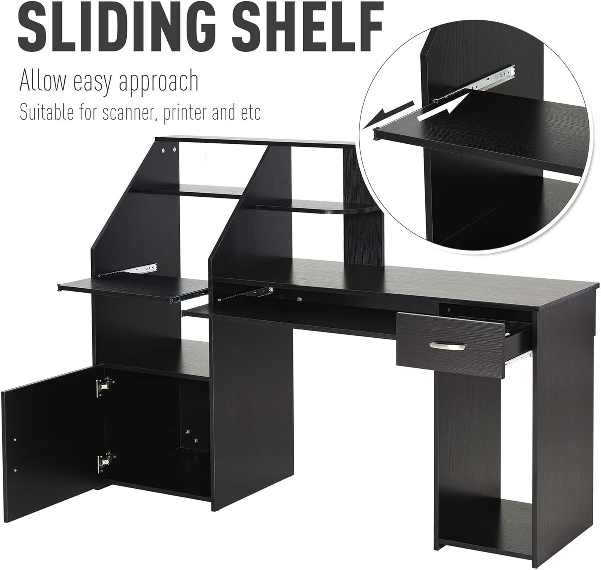 Black Wood Grain Computer Desk with Sliding Keyboard and Storage Shelves L54541