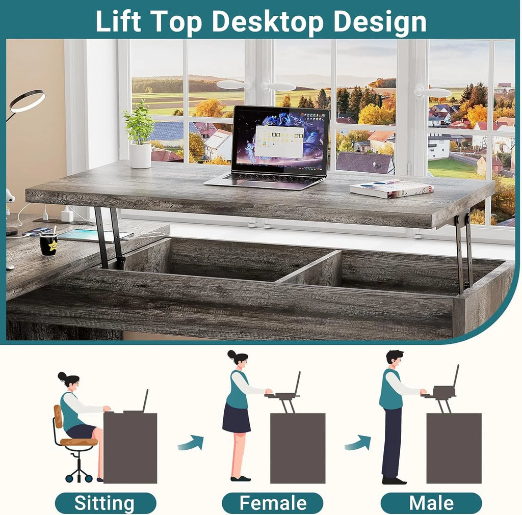 L Shaped Desk with Power Outlets and USB Charging Ports, Lift Top Corner Computer Desk with Drawer, Black Oak D14890
