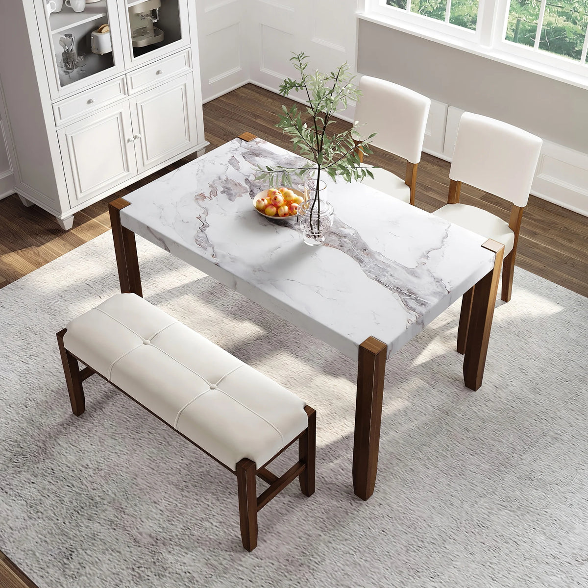 4-Piece Faux Marble Dining Furniture Set with 2 Upholstered Chairs & Bench T960207